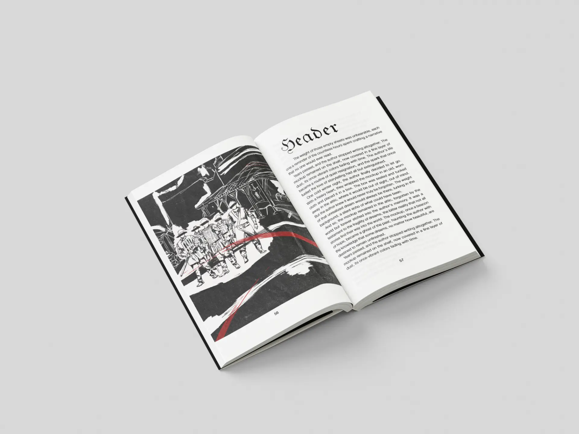 Interior chapter opener spread with header typography and soldiers illustration