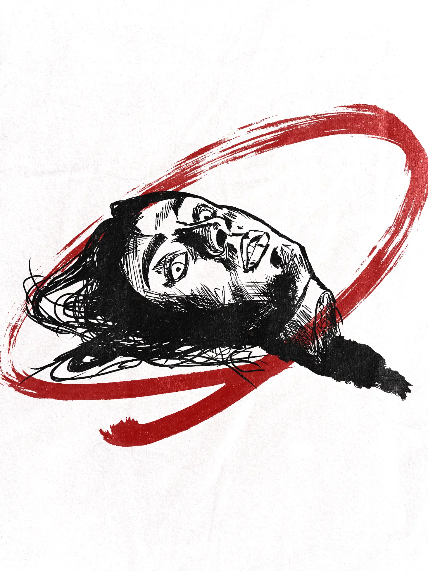 Ink portrait illustration circled with a red brush stroke