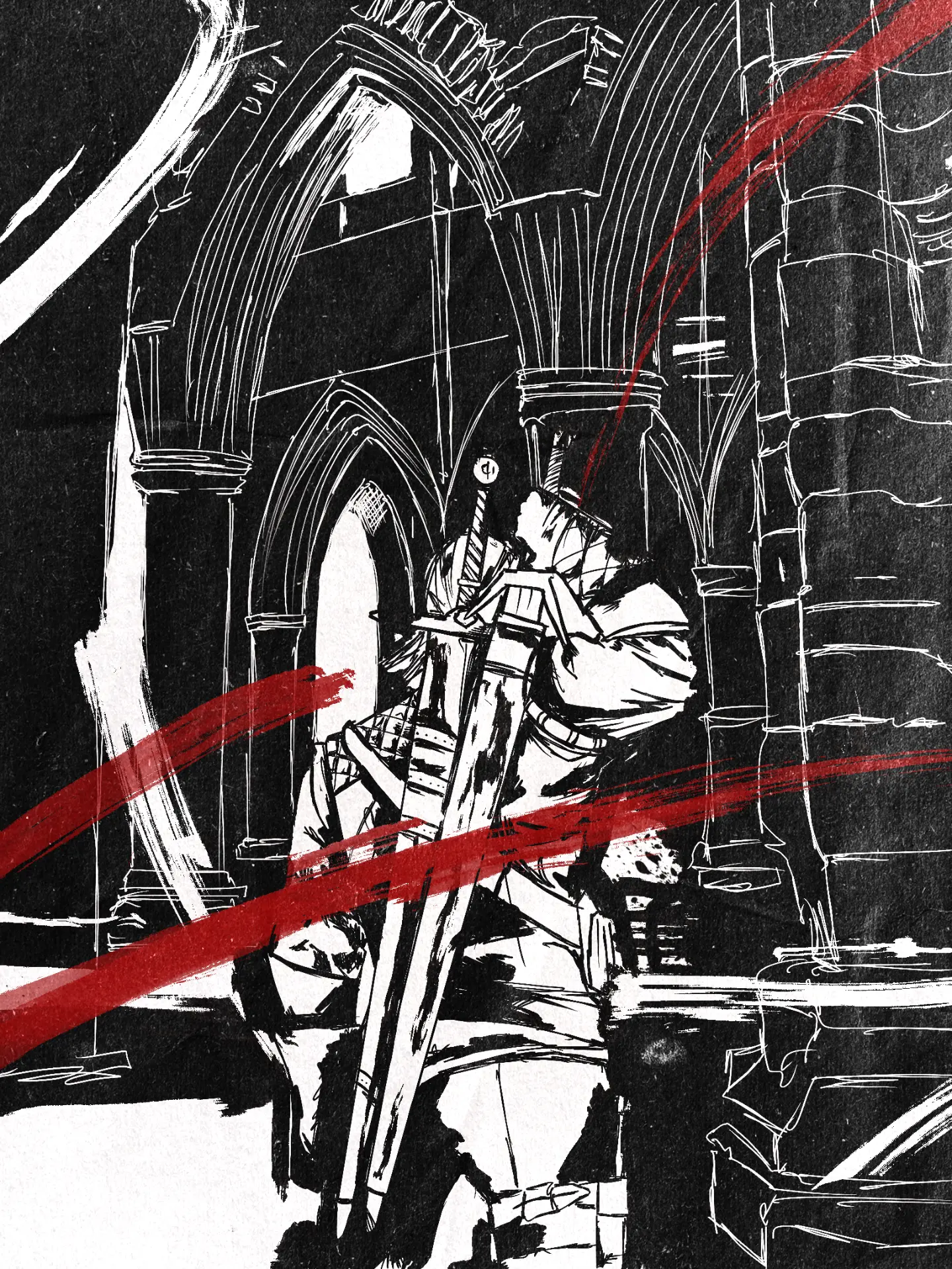 Ink illustration of a knight kneeling with a sword in a cathedral