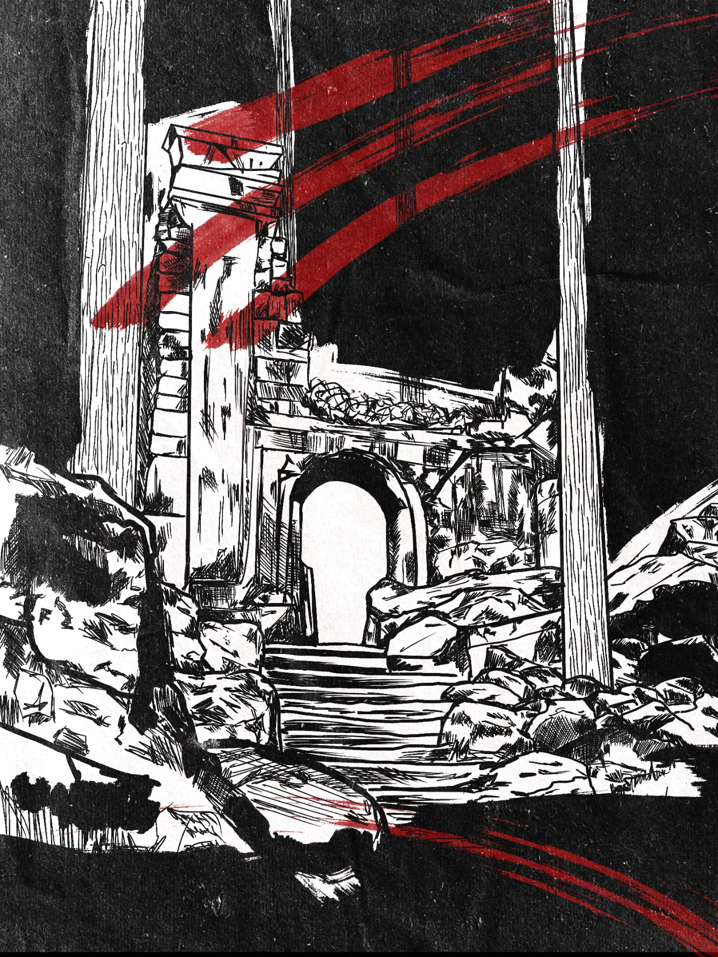 Ink illustration of ruined gate and stairs
