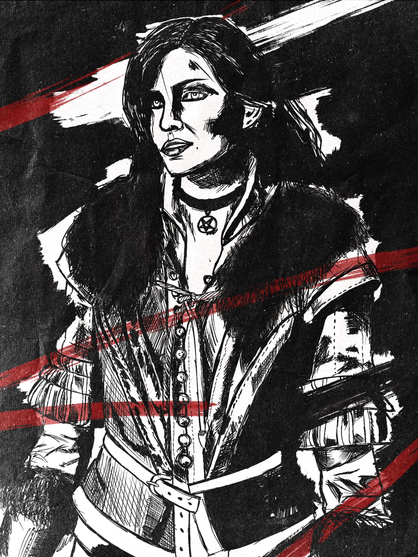 Ink illustration of the sorceress
