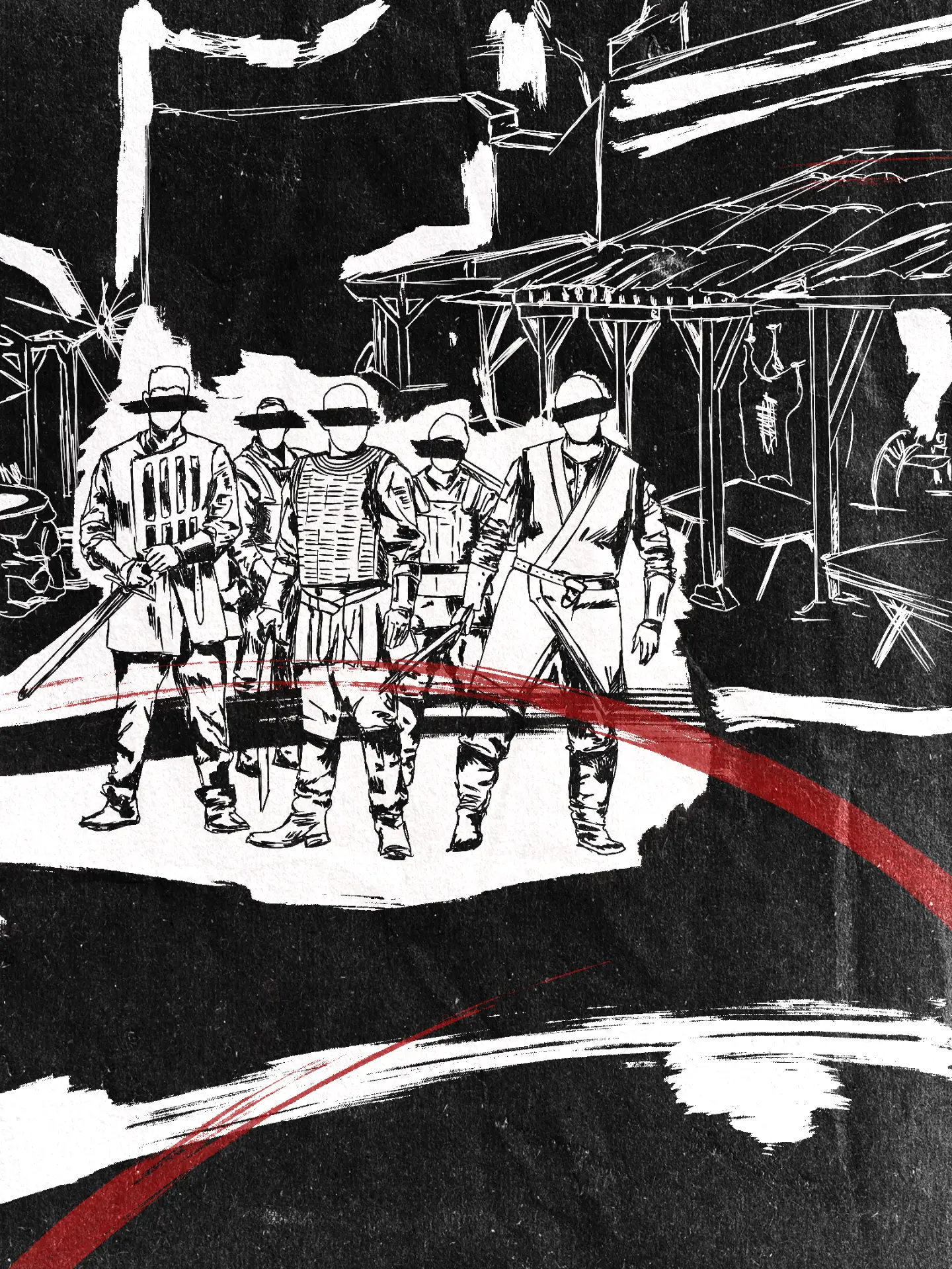 Ink illustration of armed men in a market square