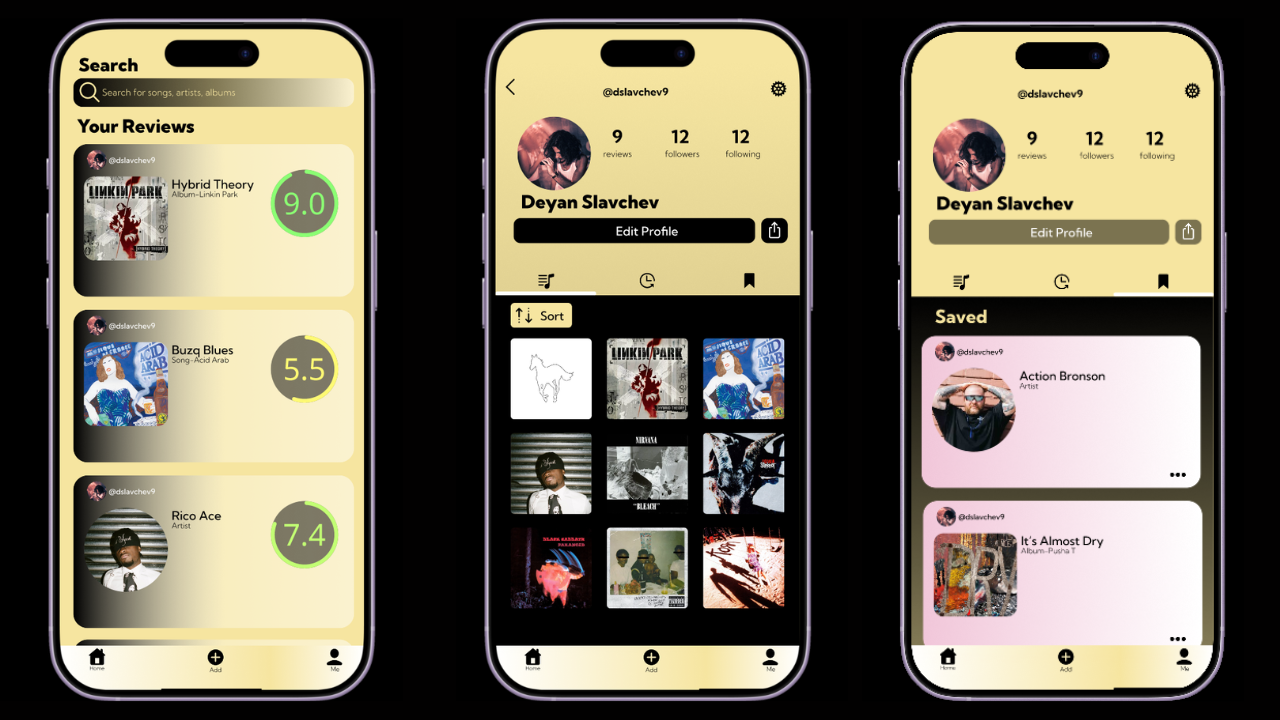 Grailp App search, profile and saved screens